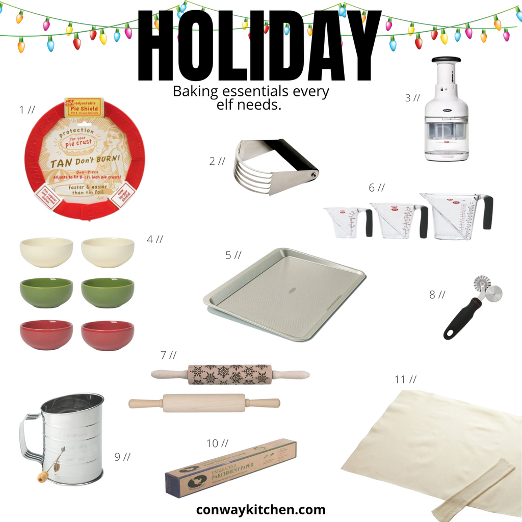Collection of products for holiday baking essentials graphic.
