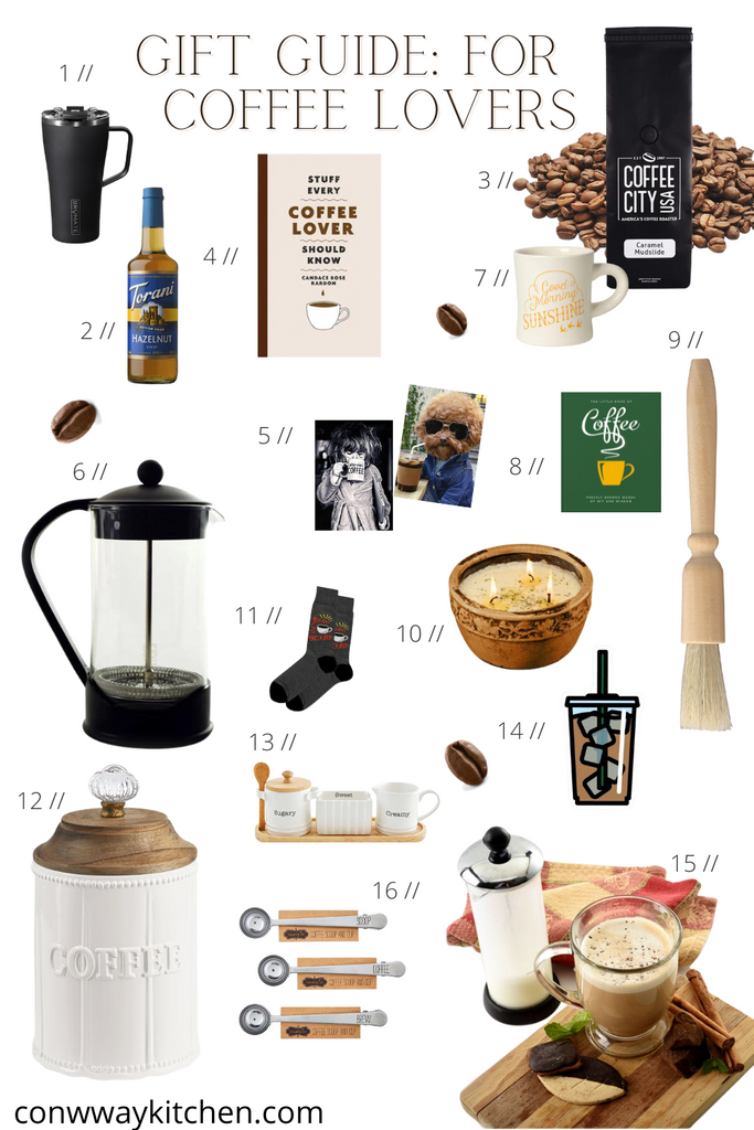 Gift guide graphic for coffee lovers with images of coffee acoutrements