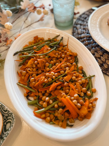 roasted vegetables including asparagus, roasted chickpeas, and carrot ribbons