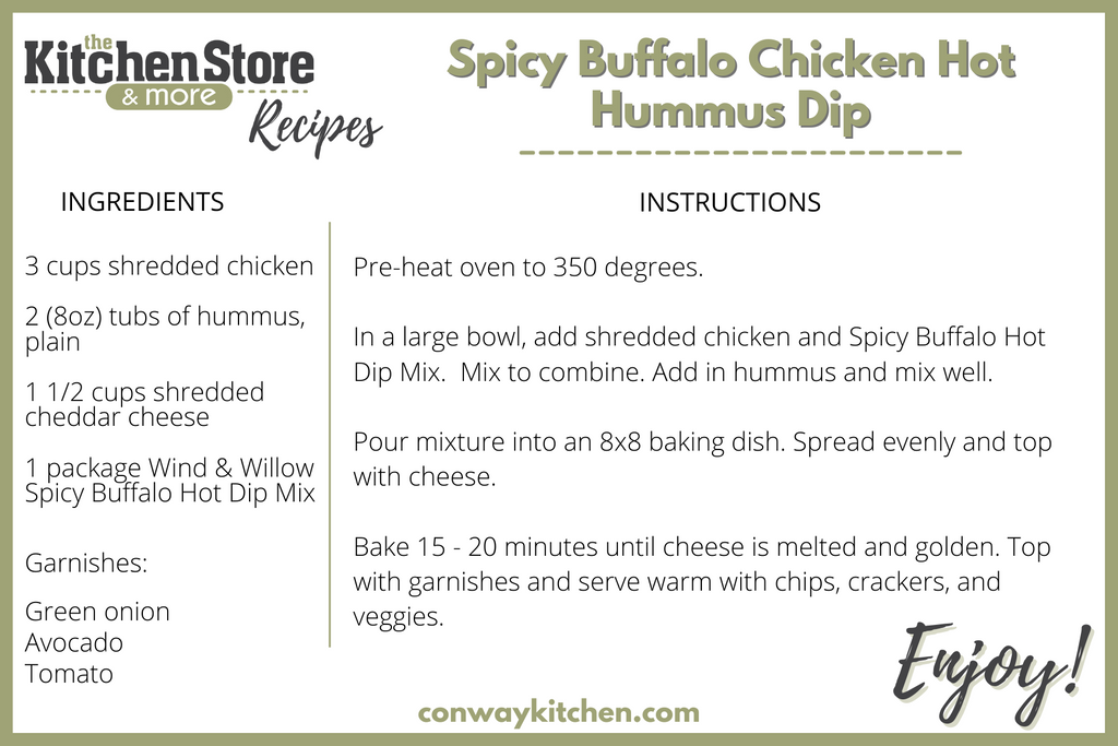 The Kitchen Store branded recipe card with the ingredients and instructions for the Spicy Buffalo Chicken Hot Hummus Dip