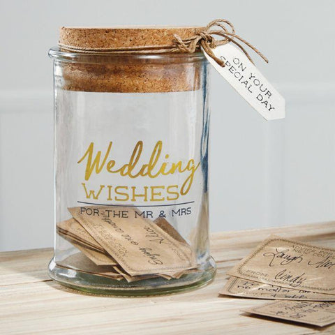 a jar with a cork lid and text "special wishes for the mr. and mrs."