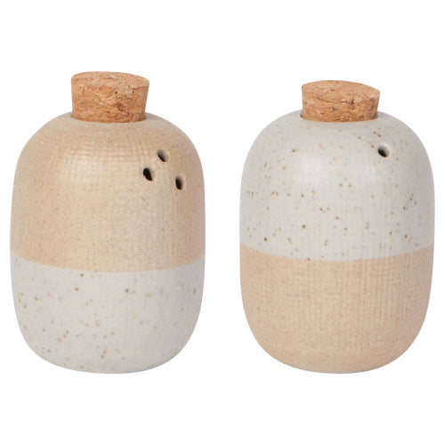 oval shakers with corked openings on top and matte ivory and taupe glaze.