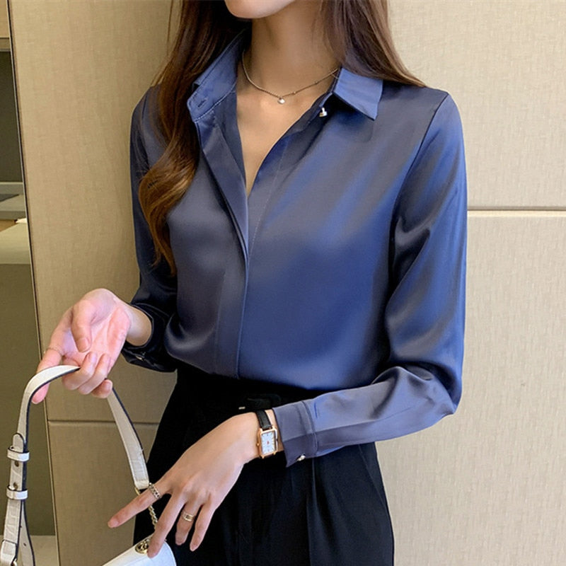 Elegant Satin Ladies Shirts Women's Blouses Spring Autumn Long Sleeve  Shirts Tops Blue at  Women's Clothing store