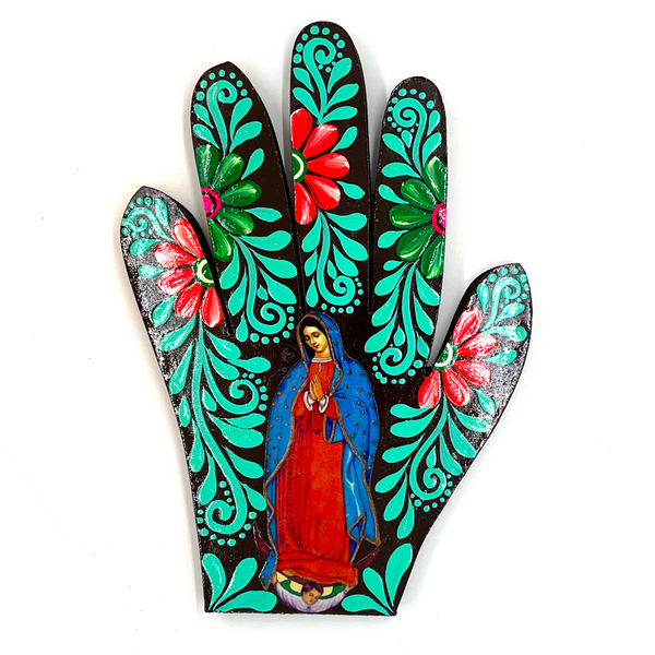 handmade in mexico wooden hand art piece virgen de guadalupe