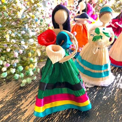 mexican handmade corn husk folklorico dancer doll with flowers
