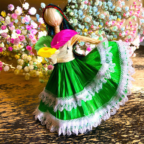 mexican handmade corn husk folklorico dancer doll green dress