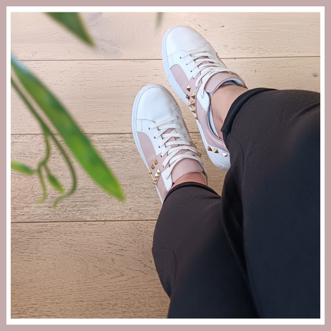 Hoxton - White and Pastel Pink Leather Trainers with Gold Studs