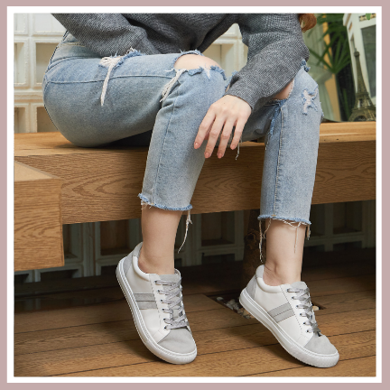 White and grey striped leather trainers