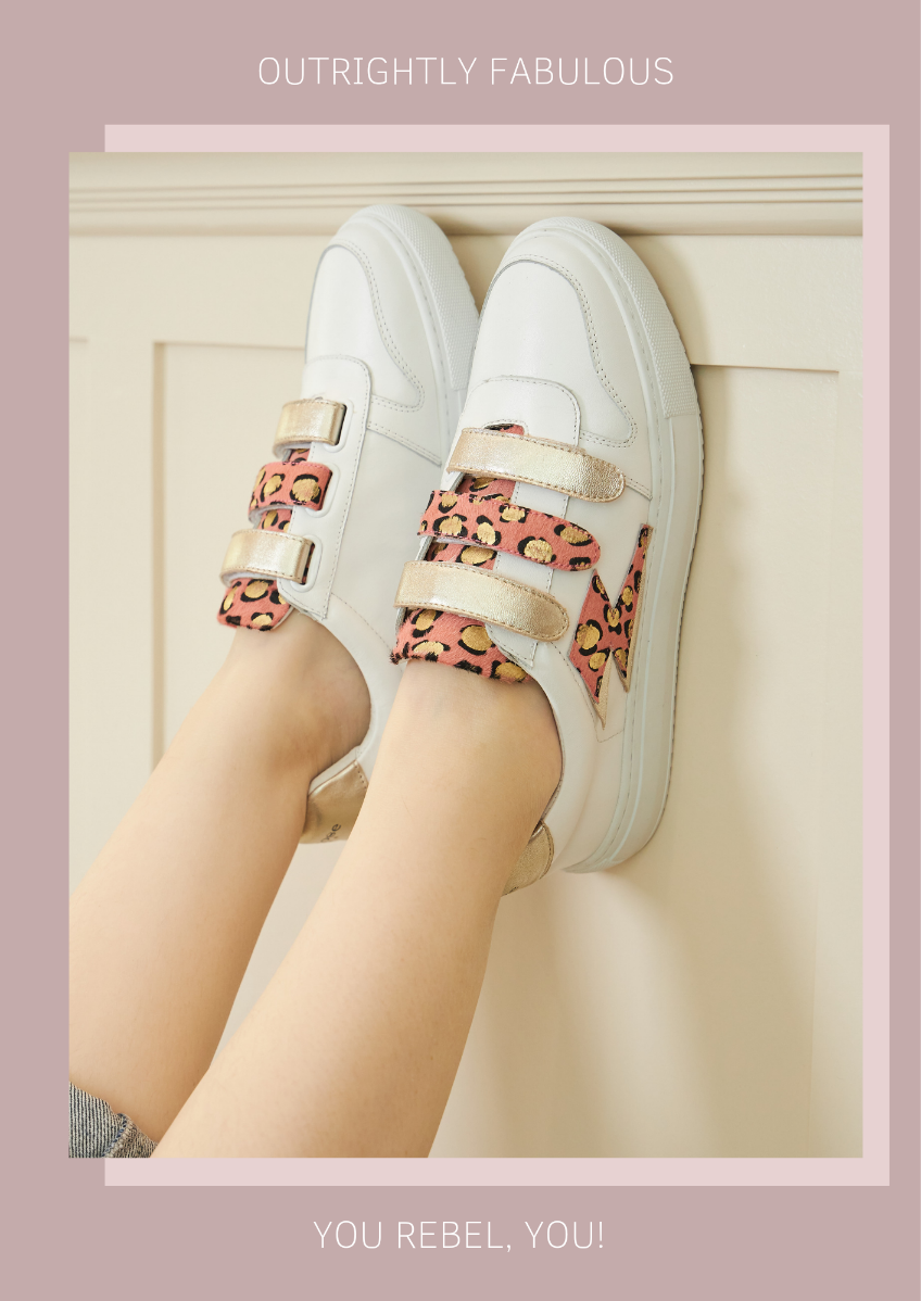 White velcro trainers with pink and gold leopard print