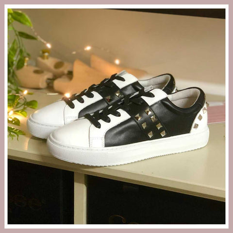 Hoxton - Black and White Leather Trainers with Silver Studsv