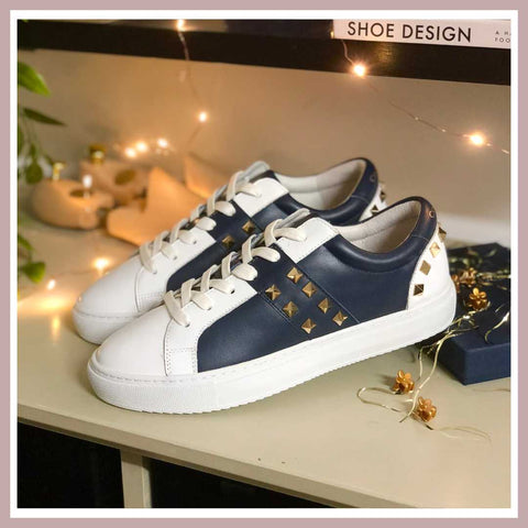 Hoxton - White and Navy Leather Trainers with Gold Studs