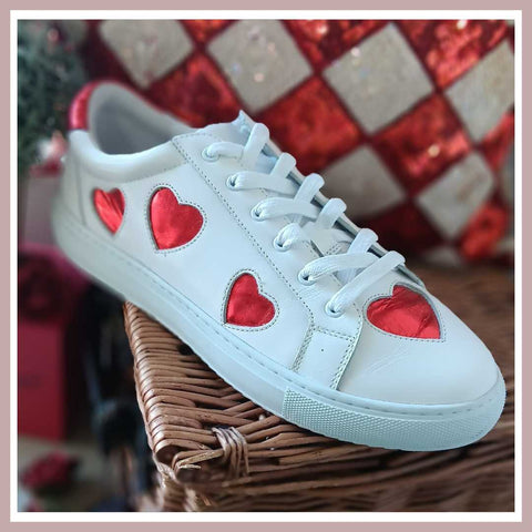 Hoxton - White with Red Hearts Leather Trainers