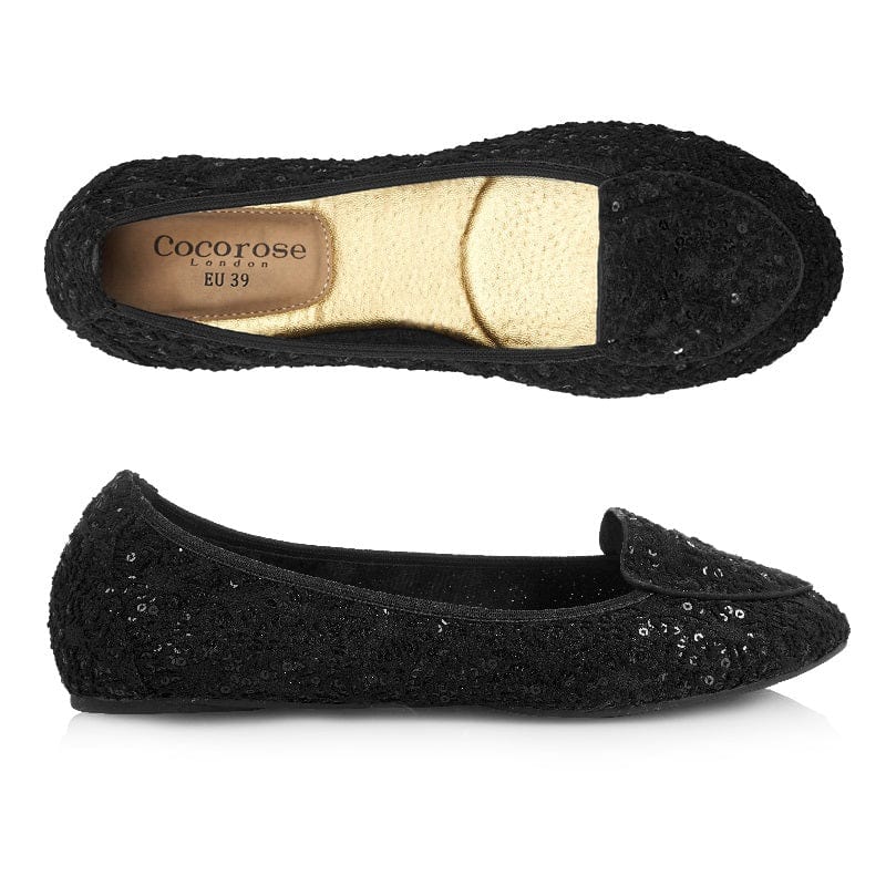 Cocorose London The Royal Ballet Perdita Sequinned Black Sparkly Fold Up Shoes