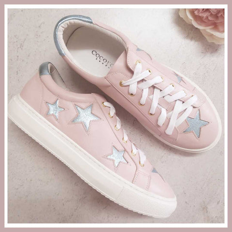 Hoxton - Pastel Pink with Blue Stars Leather Trainers