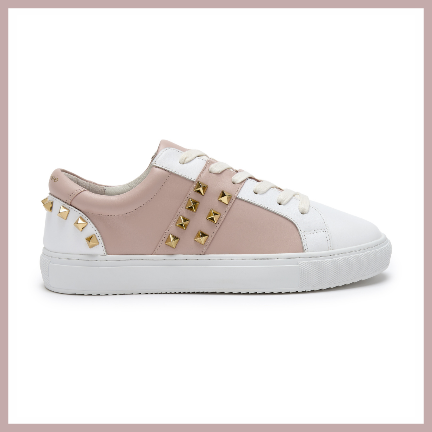 hoxton white and pastel pink leather trainers with gold studs