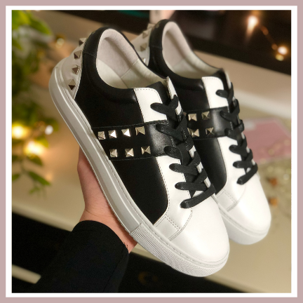 Black and White Leather Trainers with Silver Studs