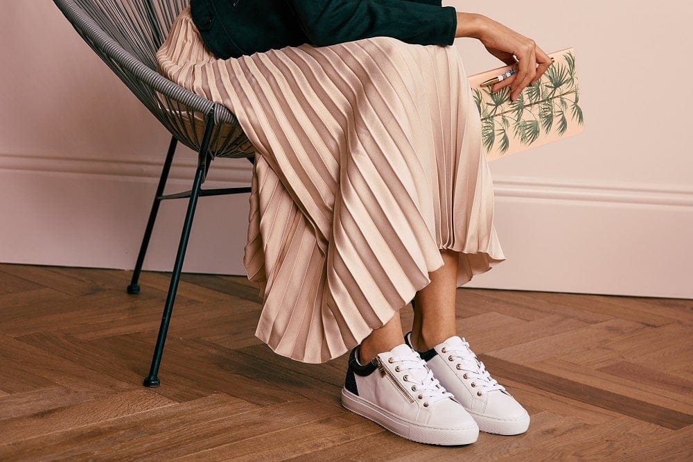 White Leather Trainers with Zip and Black Glitter Heel