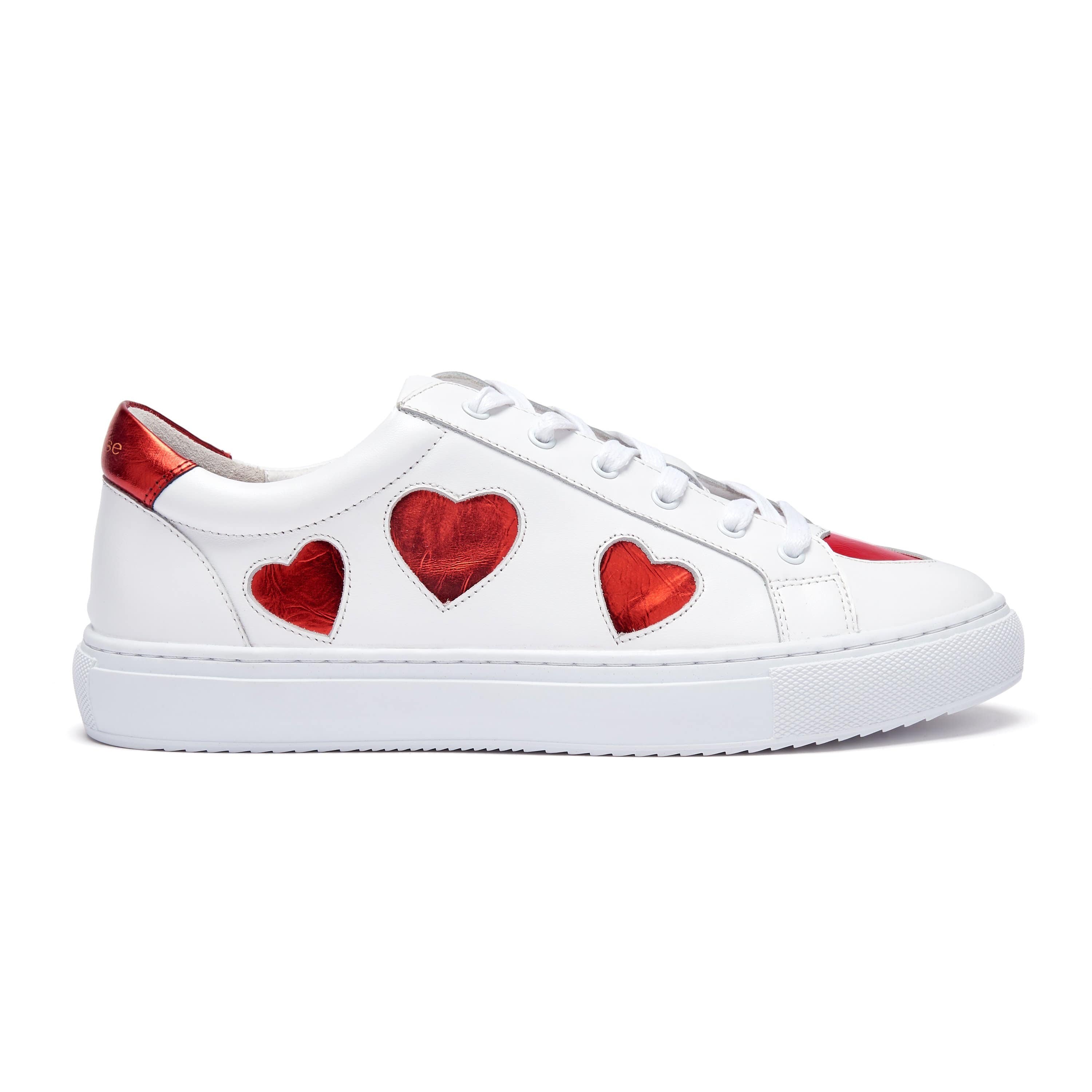 White Leather Trainers with Red Hearts. Luxury sneakers Cocorose