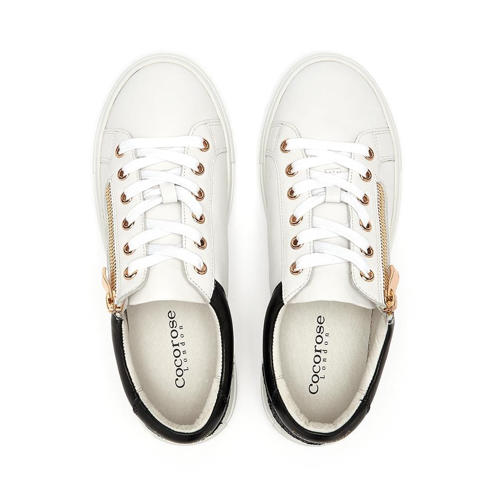 White Leather Trainers with Zip and Black Glitter Heel