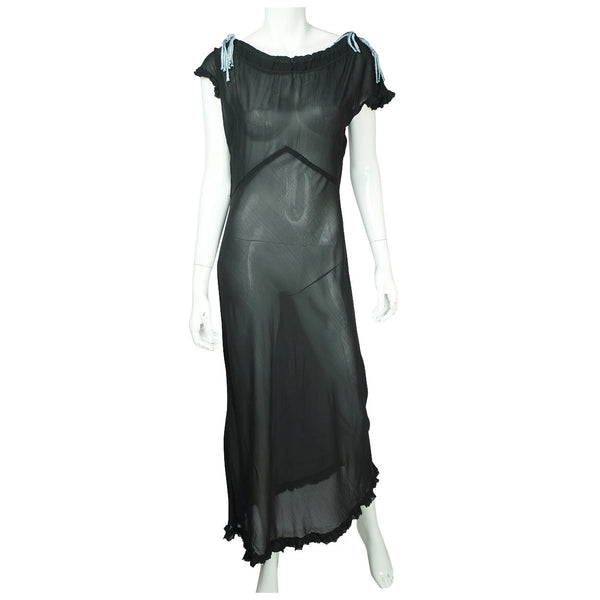 Vintage 1930s Black Silk Chiffon Nightie See Through Nightgown Size Large