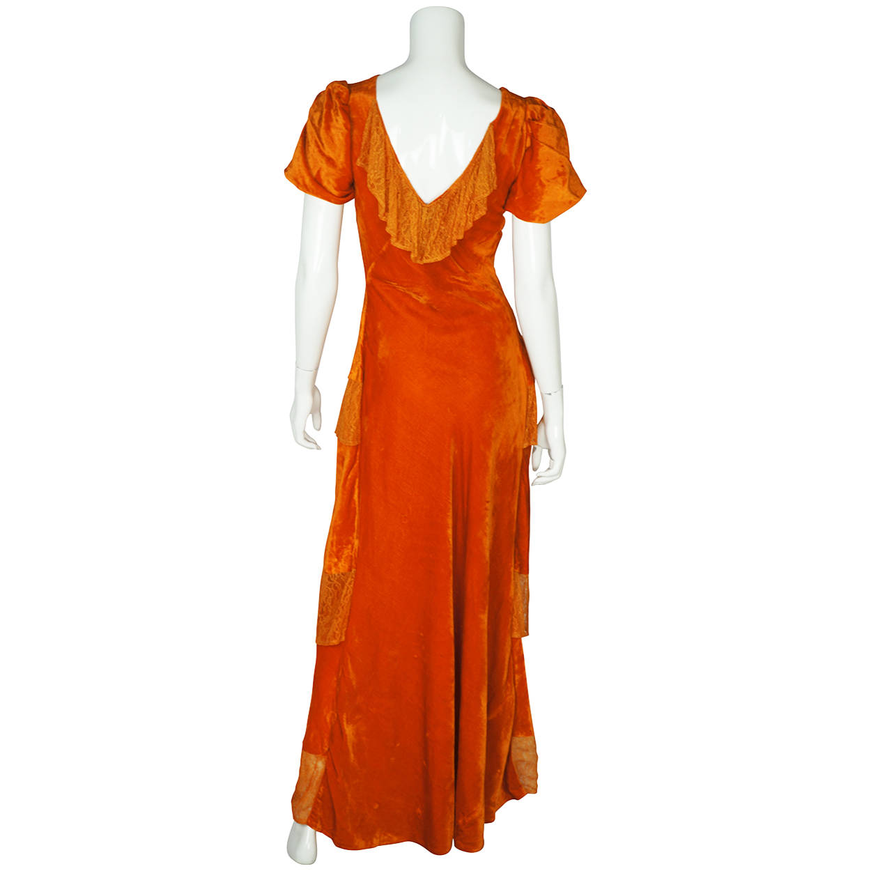 Vintage 1930s Long Dress Orange Velvet Evening Gown Bias Cut with Lace ...