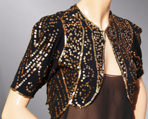 Amerika gunstig Interpreteren Vintage 30s Gold Sequin Bolero Jacket - 1930s Evening Sequined Black Silk  Crepe S