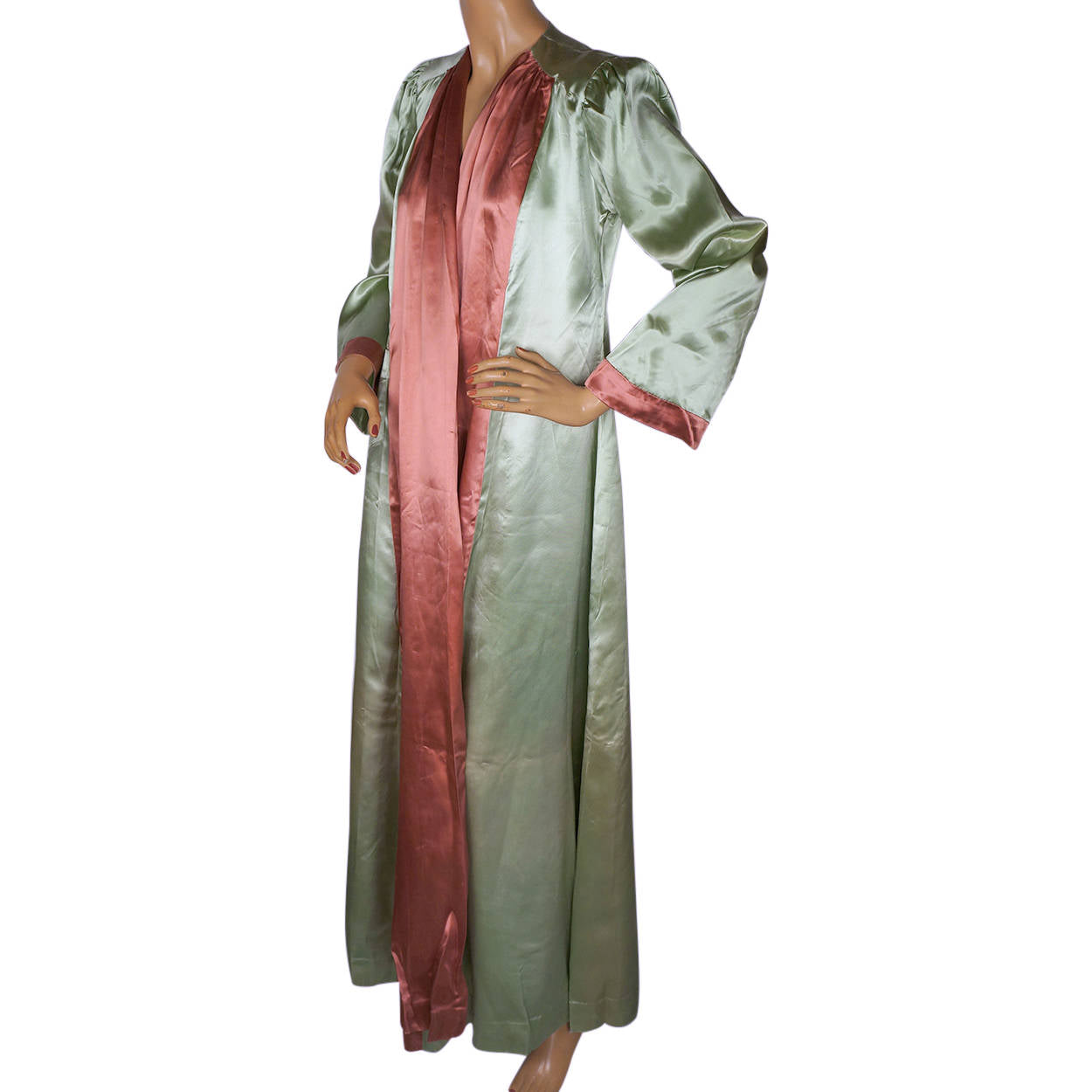Vintage 1930s Satin Dressing Gown Green Pink Lounging Robe Ladies Size M