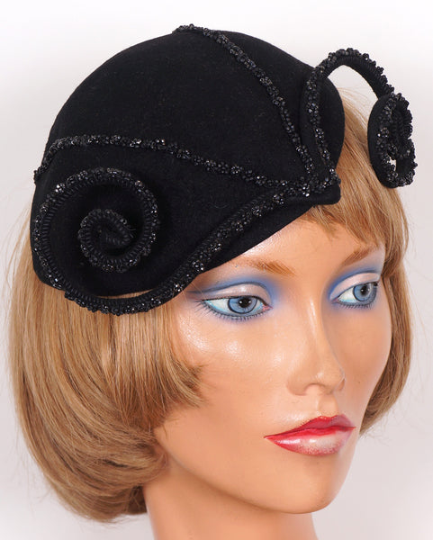 1930s Cocktail Hat with Beaded Ornamentation Black Felt