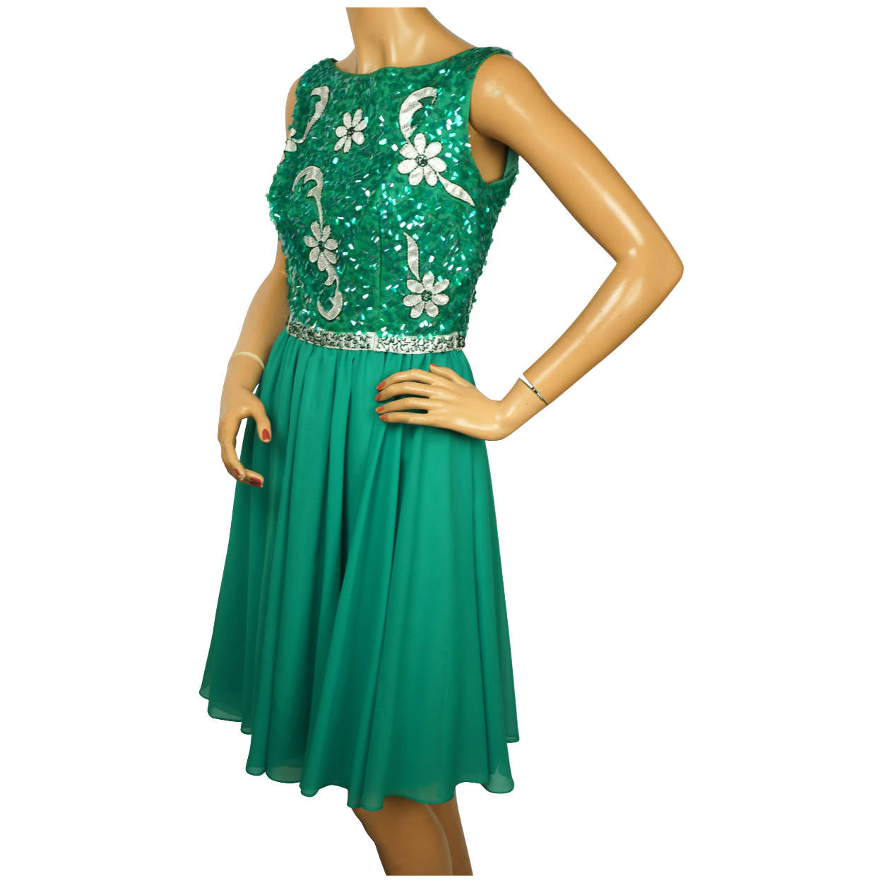 Vintage 1960s Party Dress Green Sequinned Silk Chiffon Accentique by Daymor  Sz M