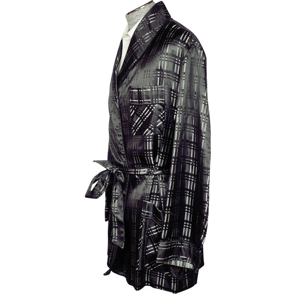 vintage-smoking-jacket-black-silver-satin-plaid-pattern-robe-mens-size-xl