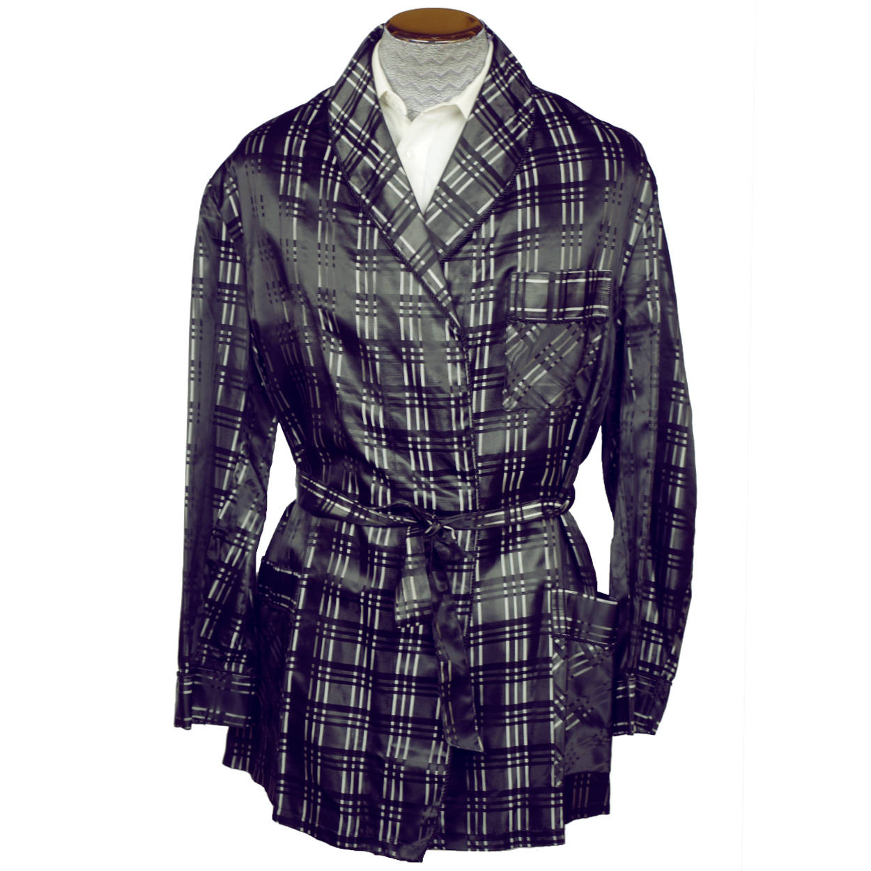 Vintage Smoking Jacket Black & Silver Satin Plaid Pattern Robe Mens Size XL