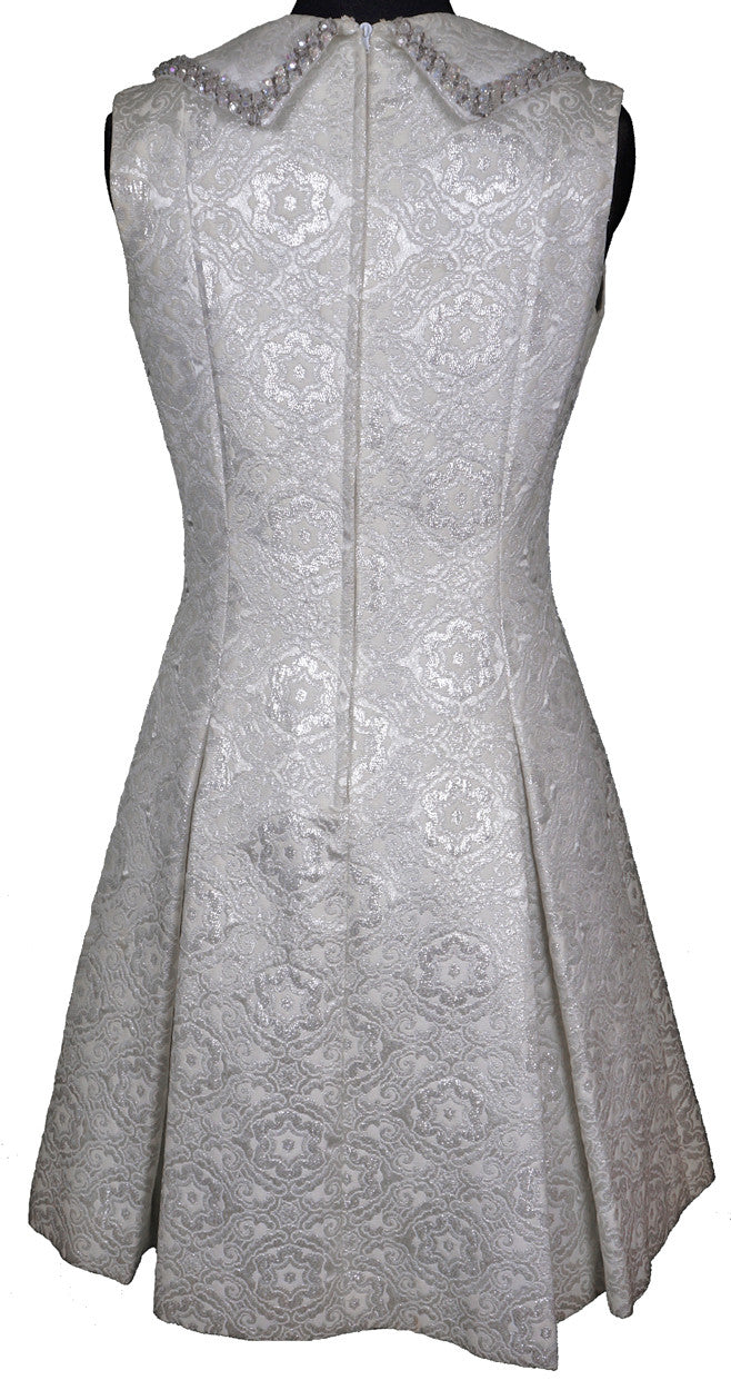 Vintage 1960s Dress White & Silver Brocade