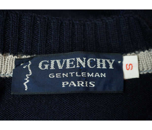 Vintage 1970s Givenchy Gentleman Sweater Blue Wool with Logo Mens Size Small