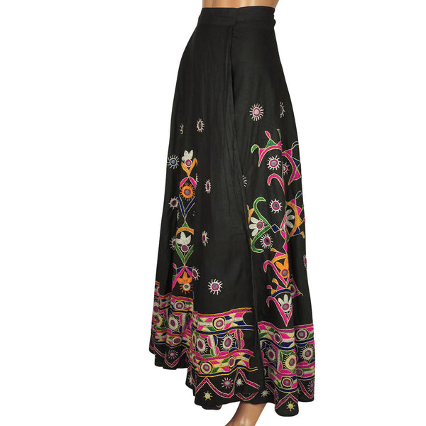 Vintage 1960s Indian Cotton Wraparound Skirt Mirrored Embroidery