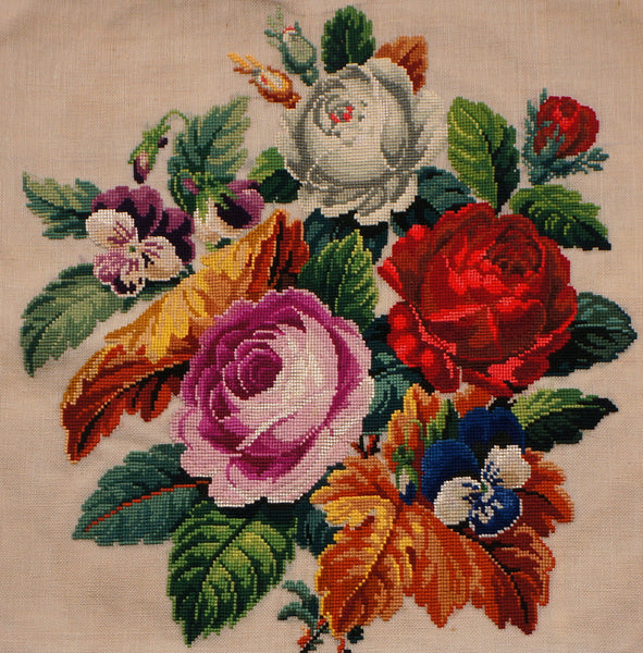 Antique Needlepoint Pillow or Cushion Cover Roses Floral Flower Bouquet