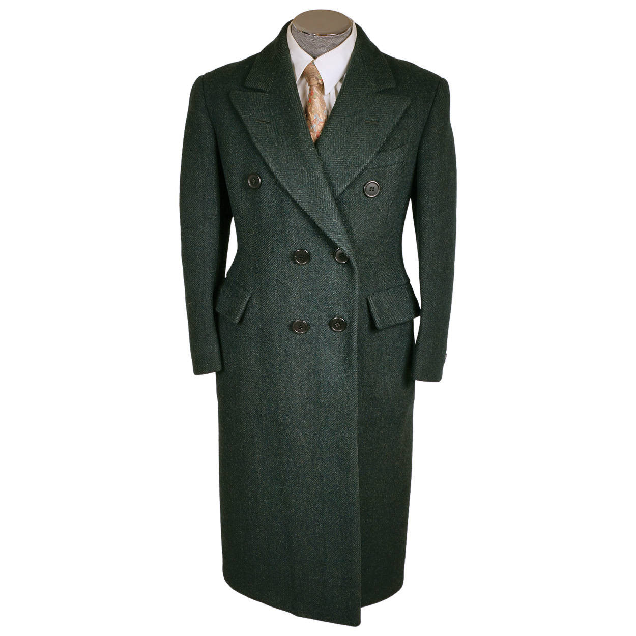 Vintage 1940s Mens Overcoat Green Wool Herringbone Tweed Coat T Eaton