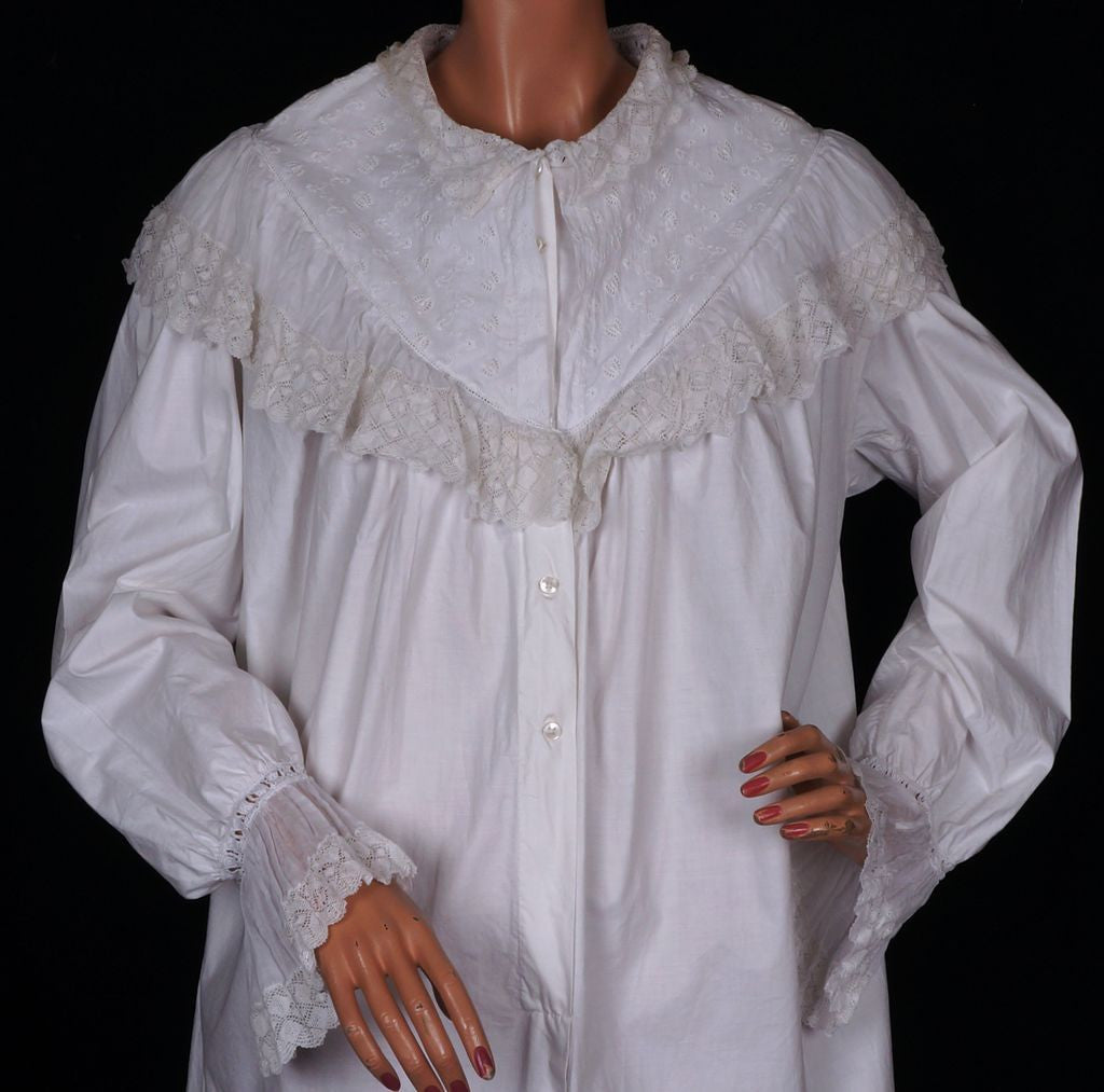 Antique Cotton Nightgown with Lace Victorian Night Dress L XTall