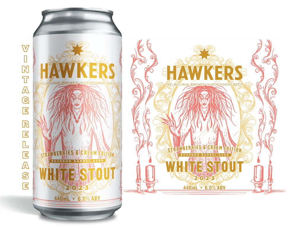 Image of Bourbon Barrel Aged White stout - strawberries and Cream edition can with label artwork