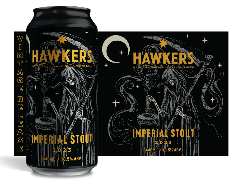 Image of Hawkers Imperial Stout 2023 Can with flat label artwork of Grim Reaper Illustration