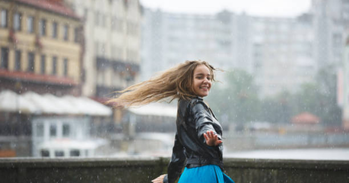 Girl Wearing Leather Jacket in Rain