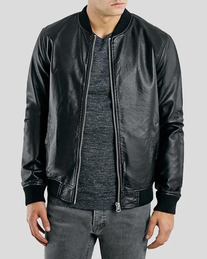Mens Bailei Black Bomber Leather Jacket - NYC Leather Jackets