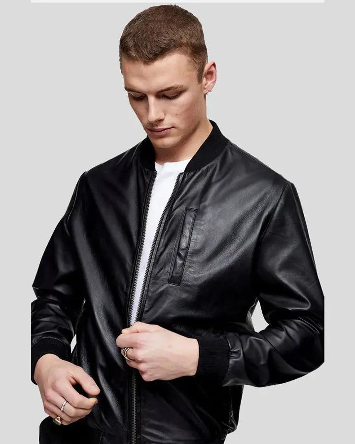 Men Fritz Black Bomber Leather Jacket, Medium - Men's Leather Jackets - 100% Real Leather - NYC Leather Jackets
