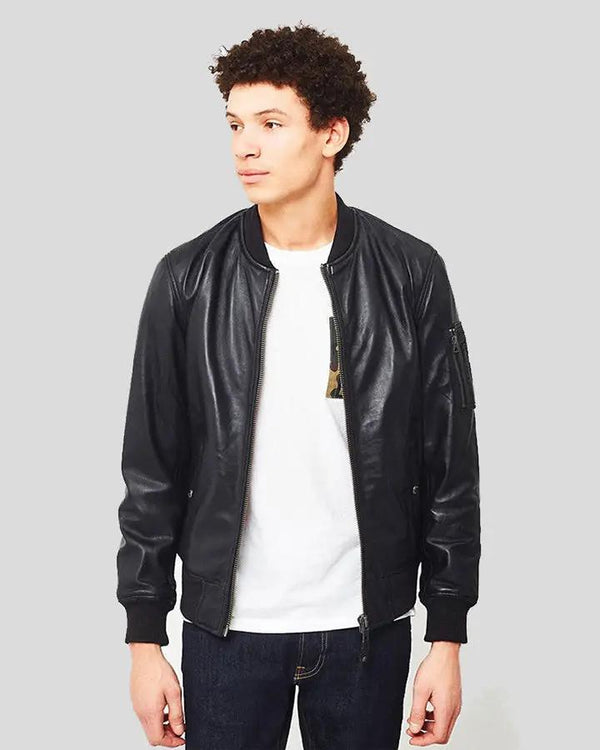 Mens Leon Black Bomber Leather Jacket - NYC Leather Jackets