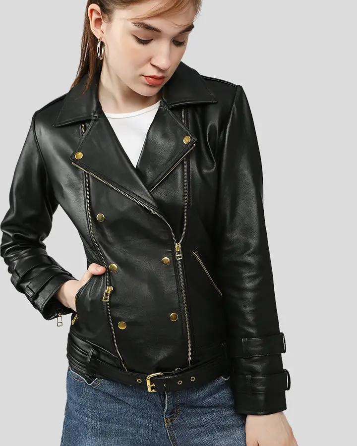 Women Michel Black Cafe Racer Leather Jackets, XX-Large - Women's Leather Jackets - 100% Real Leather - NYC Leather Jackets