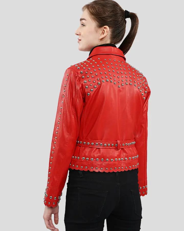 Womens Isabel Red Studded Leather Jacket - NYC Leather Jackets