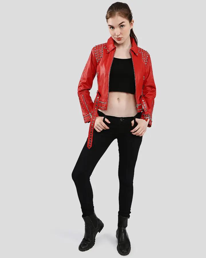 Womens Isabel Red Studded Leather Jacket - NYC Leather Jackets