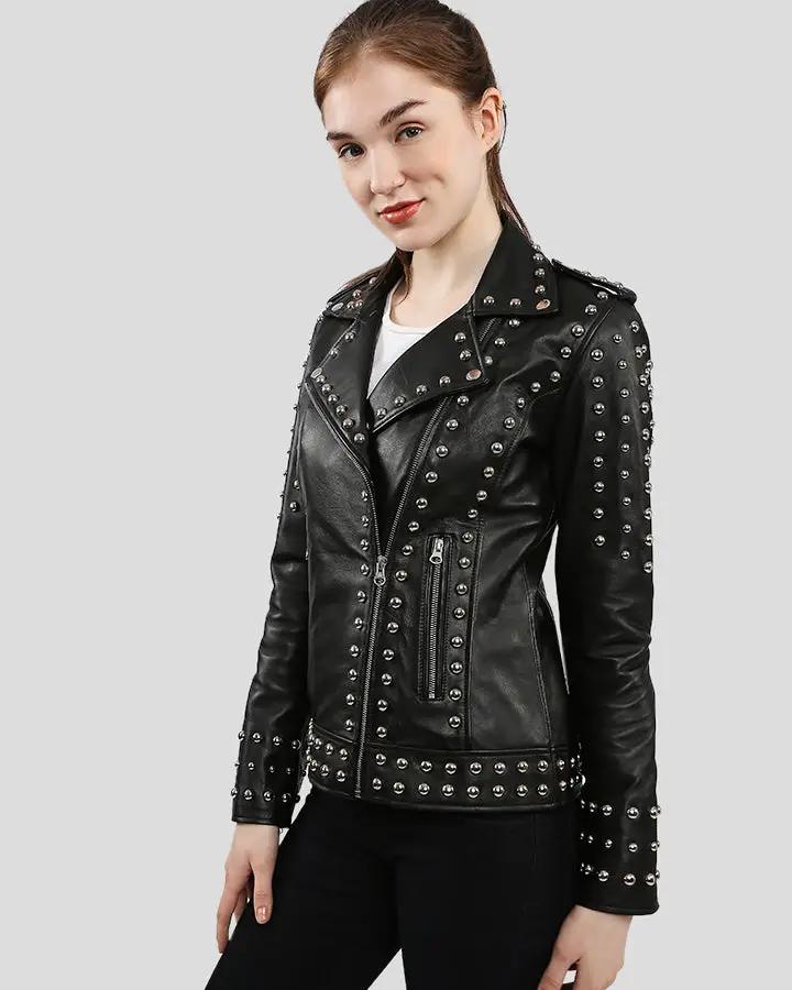 Womens Jasmine Black Studded Leather Jacket - NYC Leather Jackets