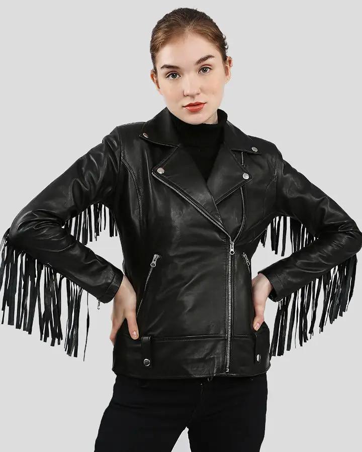 betale mærkelig Do Womens Kiana Black Biker Fringes Leather Jacket - NYC Leather Jackets