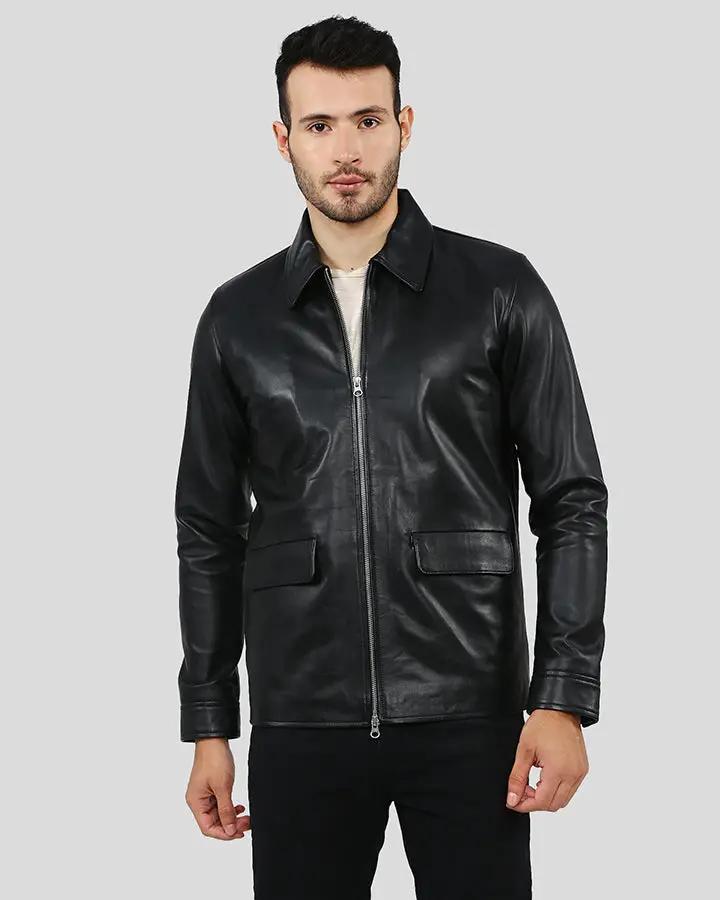 Mens Warren Black Racer Leather Jacket Shirt Style Collar & Flap Welt ...