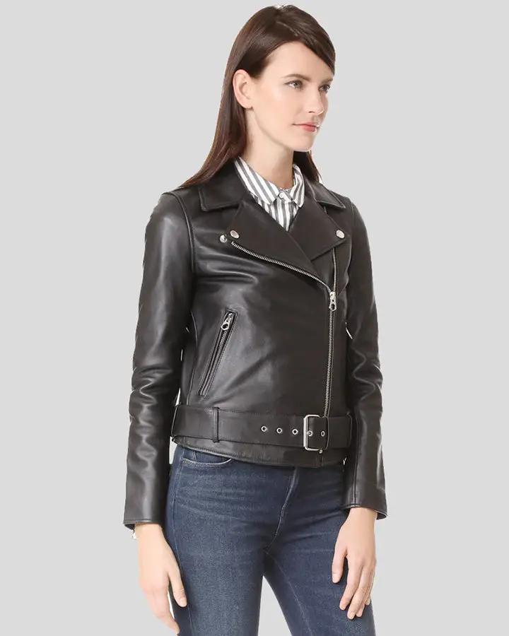 Womens Sandra Black Biker Leather Jacket - NYC Leather Jackets